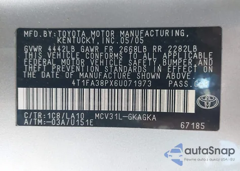 2006 Toyota Camry Solara Sle z USA, uszkodzony, nr VIN 4T1FA38PX6U071973